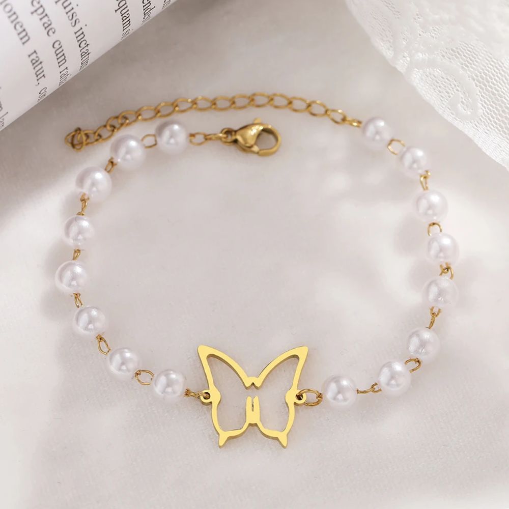 Bracelet Papillon et Perles Blanches Or