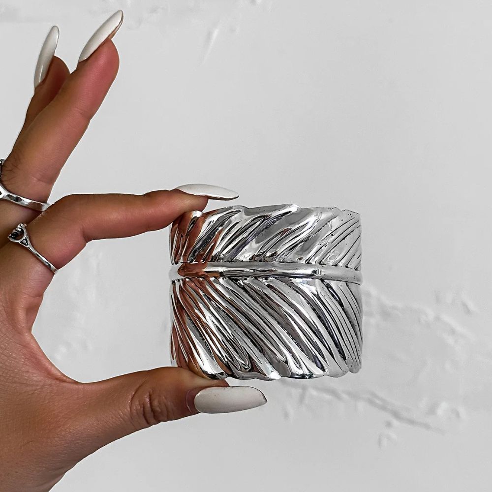 Bracelet Plume Manchette Vintage Acier Argent