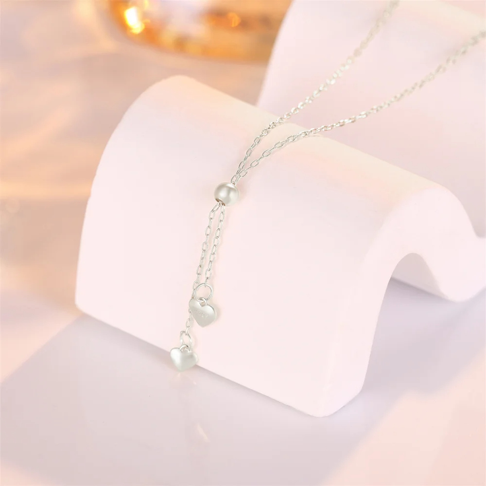 Collier en Y Double Cœur Argent pas cher