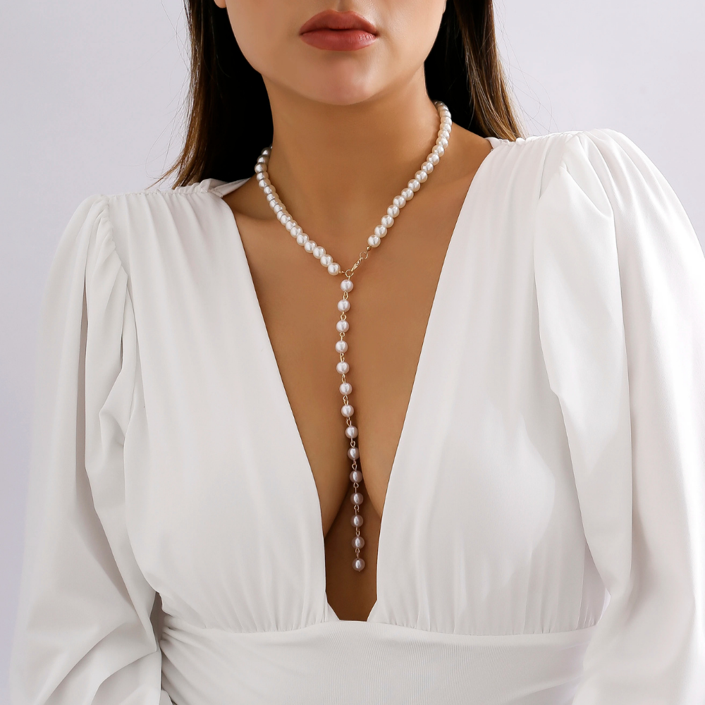 Collier en Y Perle Blanche pas cher