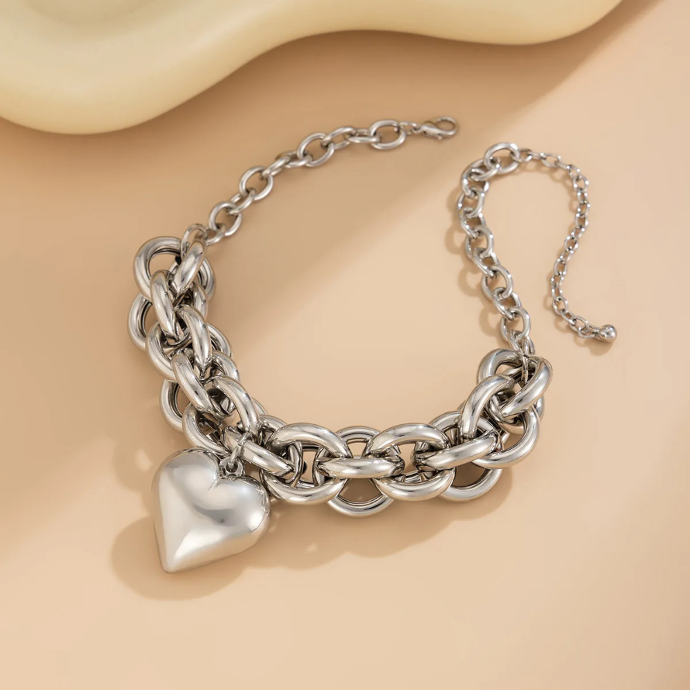 Collier Grosse Maille Cœur Argent pas cher