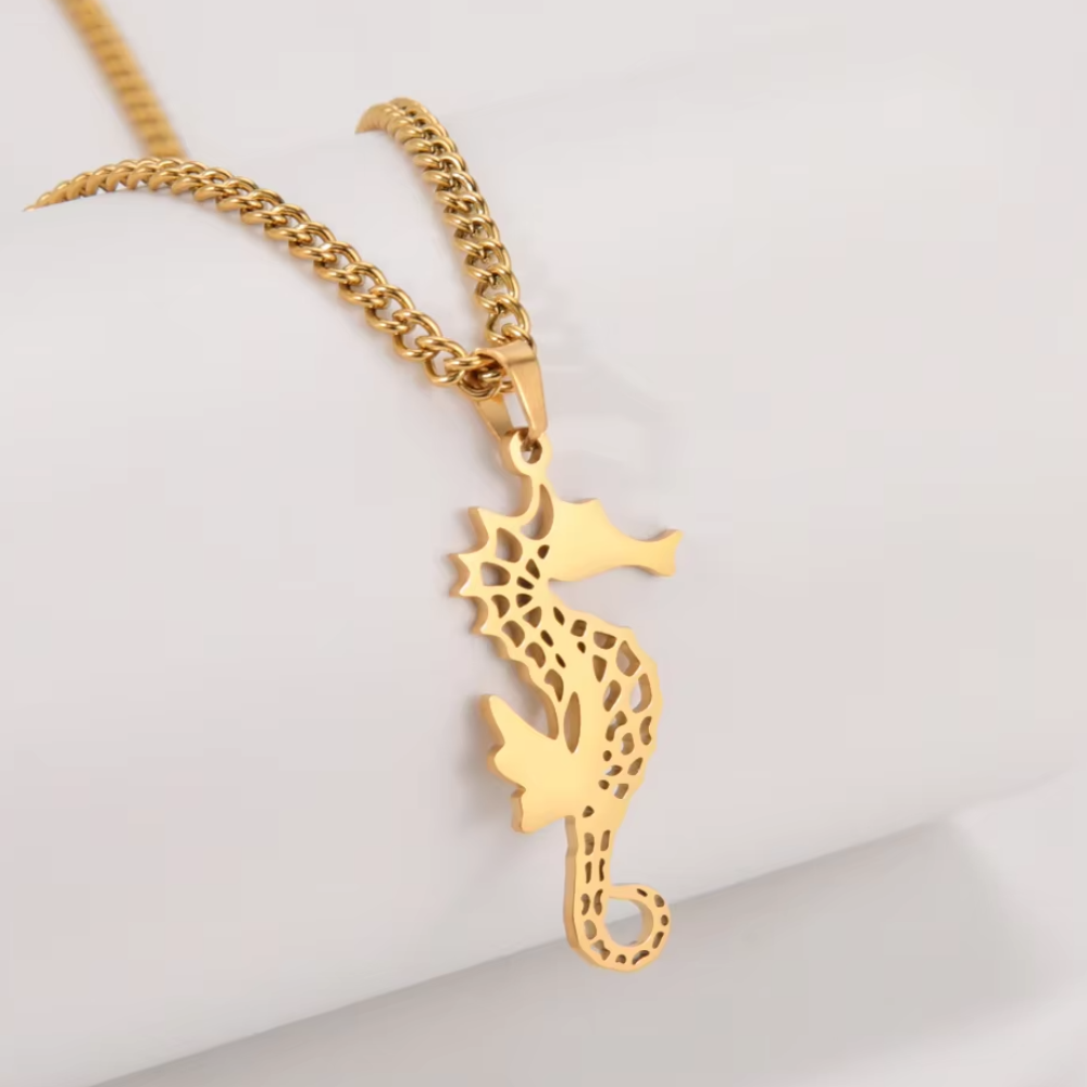 Pendentif Hippocampe Résine Ambre - Collier Chaîne Cuir Pour Hommes Et Femmes