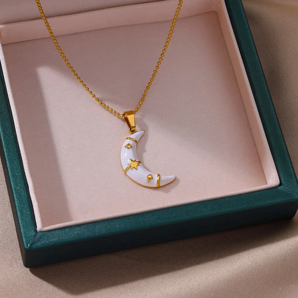 Collier Lune Blanche Or