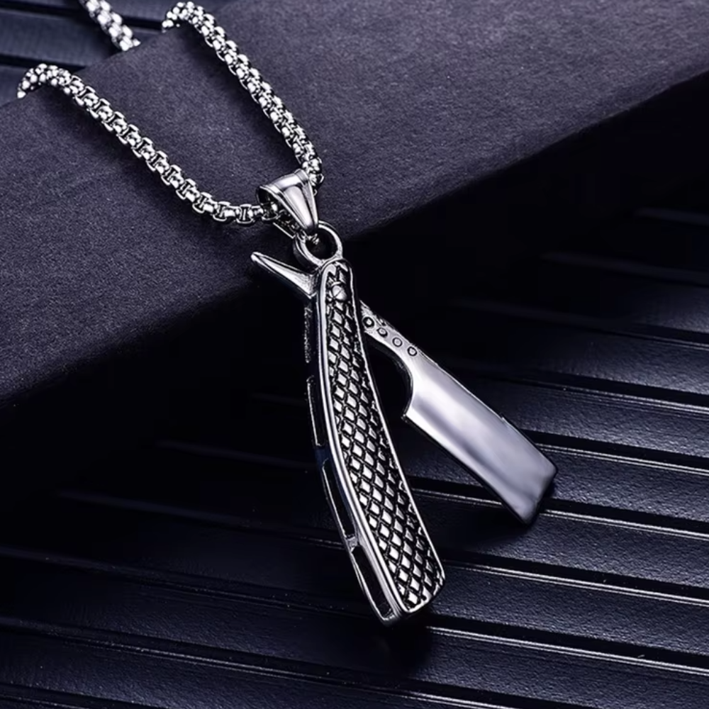 Collier Pendentif Rasoir Barbeur Argent