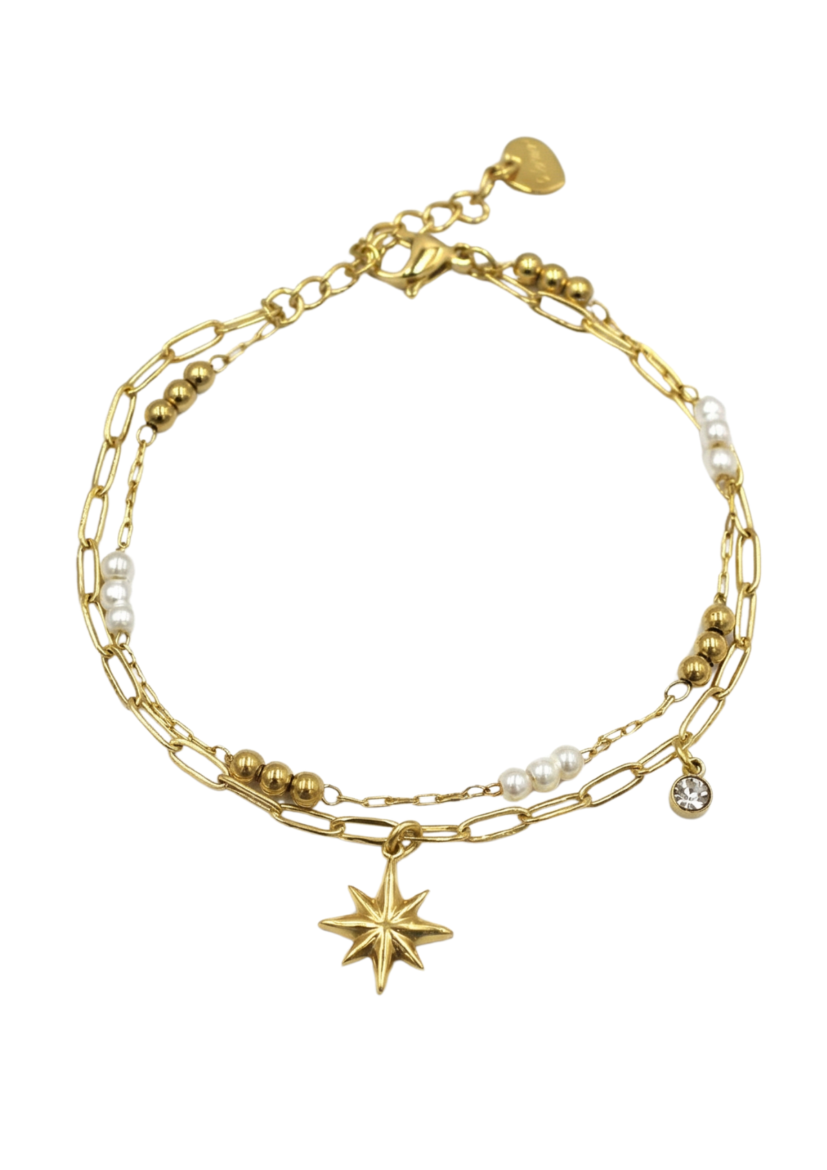 Bracelet Double Rang Étoile Perles Blanches or