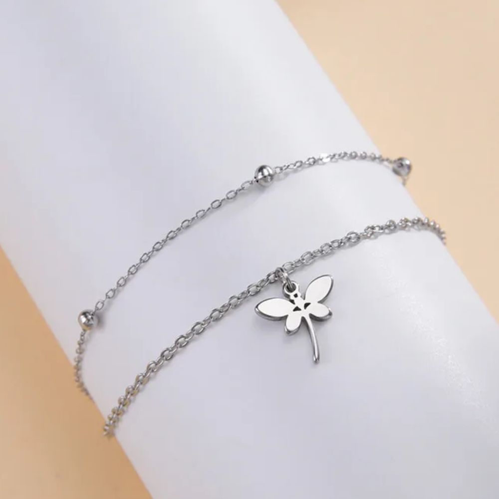 bracelet double chaine avec perle argenté et pendentif libellule